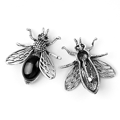 Обсидиан Броши пчелы из натурального обсидиана, броши с насекомыми из сплава и стекла со стразами, античное серебро, 48x40x12 мм
