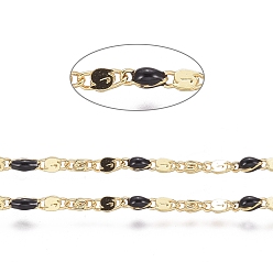 Black Handmade Brass Lumachina Chains, Snail/Scroll Chains, with Enamel and Spool, Soldered, Long-Lasting Plated, Real 18K Gold Plated, Black, 3x2x1mm, 3x2x2mm, about 32.8 Feet(10m)/roll