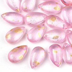 Pink Transparent Spray Painted Glass Charms, with Glitter Powder, Frosted, Teardrop, Pink, 14.5x8.5x5.5mm, Hole: 1mm