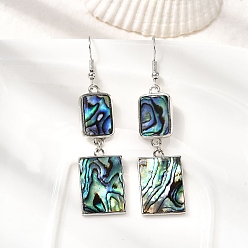 Rectangle Серьги-подвески из натуральной латунной раковины морского ушка, долговечный, стойки покрытие, платина, прямоугольные, 64x15 мм