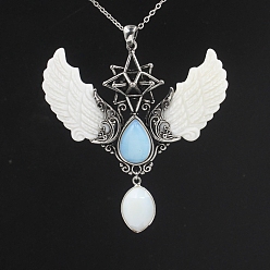 Opalite Opalite Angel Wing Big Pendants, Star Charms with Shell Wing, Antique Silver, 85x75x25mm