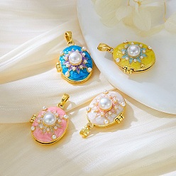 Цветок Латунь эмаль Locket подвески, с пластиковой имитационной жемчужиной, овальные амулеты, золотые, цветок, 22x17x11 мм, отверстие : 5x2.5~3 мм, внутренний диаметр: 16.5~17x12~13 мм