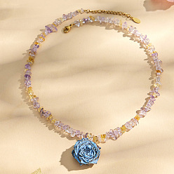 Steel Blue Resin Dried Flower Pendant Natural Amethyst Chip Beaded Necklaces for Women, with 316L Surgical Stainless Steel End Chains, Golden, Steel Blue, 15.75 inch(40cm), pendant: 28mm