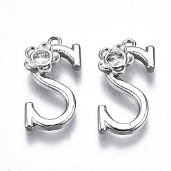 Letter S Латунные подвески, со стразами, без кадмия, без никеля и без свинца, алфавит, платина, letter.s, 18x10x2.5 мм, отверстие : 1 мм