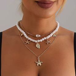 Белый Летний пляж сплав морская звезда кулон ракушка и искусственный жемчуг бусины 3 многослойные ожерелья для женщин, золотые, белые, 14.17 дюйм (36 см), 2 шт / комплект
