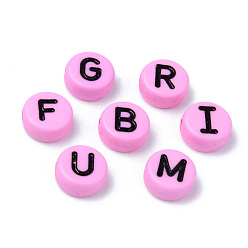Pearl Pink Opaque Acrylic Beads, Horizontal Hole, Flat Round with Black Random Letters, Pearl Pink, 10x4.5mm, Hole: 2mm, about 1600pcs/500g