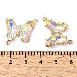 White Brass Pave Faceted Glass Connector Charms, Golden Tone Butterfly Links, White, 20x22x5mm, Hole: 1.2mm