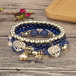 Морской Синий Наборы браслетов из акрила и стеклянных бусин, Браслеты в стиле бохо с подвесками в виде сердца для женщин, Marine Blue, 7-1/8 дюйм (18 см)