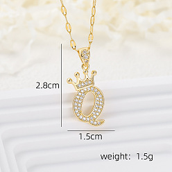 Letter Q Латунные микропаве прозрачные кубические цирконии корона инициал кулон ожерелья, реальный 18 k позолоченный, Буква Q, 15.75 дюйм (40 см)