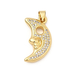 Настоящее золото 18K Латунные микро проложить кубического циркония подвески, Луна прелести, без свинца и без кадмия, долговечный, стойки покрытие, реальный 18 k позолоченный, 22x13x3.5 мм, отверстие : 4x3.5 мм