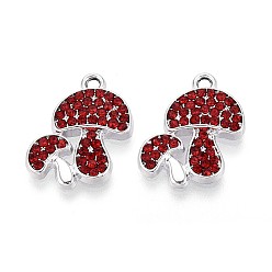 Светло-сиамский Подвески из сплава со стразами, гриб, без кадмия, без никеля и без свинца, платина, Light Siam, 19x15.5x2.5 мм, отверстие : 1.6 мм
