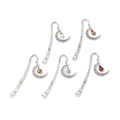 Mixed Stone Mixed Natural Heart Gemstone Bookmarks with Lampwork Evil Eye, Tibetan Style Alloy Hook Bookmark, Moon Pendant Bookmark, 121mm