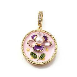 Бледно-Розовый Латунные подвески с микропаве из кубического циркония и эмали, плоский круглый с цветными чарами, с блестящей пудрой и натуральным пресноводным жемчугом, без никеля , реальный 18 k позолоченный, розовый жемчуг, 25.5x23.5x9.5 мм, отверстие : 6.5x4.5 мм