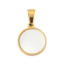 Золотой 304 плоские круглые подвески из нержавеющей стали с натуральным белым корпусом, золотые, 14x11.5x1.5 мм, отверстие : 5.5x3 мм
