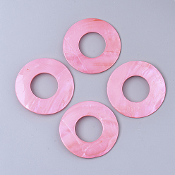 Pink Spray Painted Freshwater Shell Pendants, Donut, Pink, 50x3mm, Hole: 23.5mm