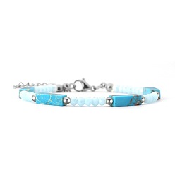 Deep Sky Blue Bohemian Dyed Synthetic Imperial Jasper Cuboid and Glass Beaded Bracelets with 304 Stainless Steel End Chains, Stainless Steel Color, Deep Sky Blue, 7.09 inch(18cm)