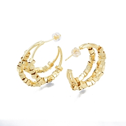 Golden Brass Cube Beaded Crescent Moon Stud Earrings, Chunky Half Hoop Earrings for Women, Golden, 30x28.5x4mm, Pin: 0.9mm
