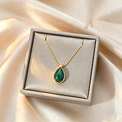 Sea Green 304 Stainless Steel Resin Teardrop Pendant Necklaces for Women, Golden, Sea Green, 15.75 inch(40cm)