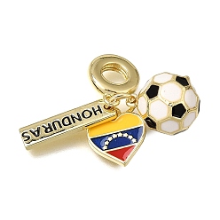 Colorful Football Theme Brass & Enamel European Dangle Charms, Large Hole Pendants, Honduras & Heart, Rack Plating, Long-Lasting Plated, Cadmium Free & Lead Free, Golden, Colorful, 29mm, Hole: 4.5mm, Pendant1: 18x4.5x1.6mm, Pendant2: 12x11x1.8mm, Pendant3: 13.5x11mm