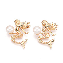 Настоящее золото 18K Подвески из натурального культивированного пресноводного жемчуга из латуни, русалка, реальный 18 k позолоченный, 25~26.5x23~23.5x7~8 мм, отверстие : 3.5x1.8 мм