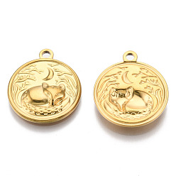 Real 18K Gold Plated 201 Stainless Steel Pendants Ion Plating(IP), Flat Round with Fox Charm, Real 18K Gold Plated, 23.5x20.5x3mm, Hole: 2mm