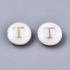 Letter T Natural Freshwater Shell Beads, with Golden Plated Brass Etched Metal Embellishments, Flat Round, Seashell Color, Letter.T, 8x3~5mm, Hole: 0.5~07mm