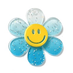Deep Sky Blue Gradient Color Transparent Acrylic Pendants, with Sequins, Sunflower with Smiling Face Charm, Deep Sky Blue, 30x27x4mm, Hole: 1.6mm