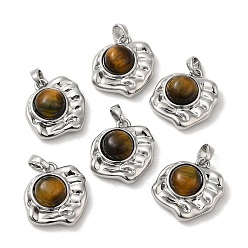 Real Platinum Plated Natural Tiger Eye Pendants, Brass Irregular Shape Charms, Real Platinum Plated, 18x17x7mm, Hole: 4x3mm