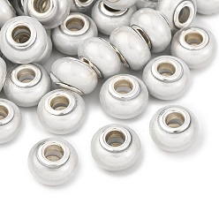 Белый Двухцветные непрозрачные европейские бусины-рондель из смолы, с двойных ядер серебрянного цвета, бусины с большим отверстием, белые, 14x8.5 мм, отверстие : 5 мм