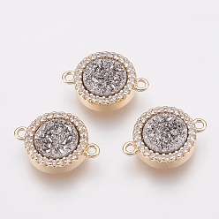 с Покрытием Серебра Соединители звеньев натурального агата друзы, С нахождением латуни и кубическим цирконием, плоско-круглые, золотые, со серебряным покрытием, 15.5~16x11x4 мм, отверстие : 1.2 мм