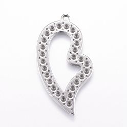 Stainless Steel Color Tarnish Resistant 304 Stainless Steel Pendant Rhinestone Settings, Heart, Stainless Steel Color, Fit for 1mm rhinestone, 43.5x23x1.7mm, Hole: 2mm