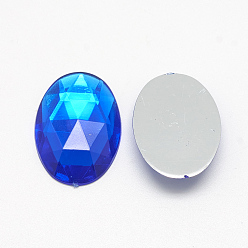 Blue Acrylic Rhinestone Flat Back Cabochons, Faceted, Bottom Silver Plated, Oval, Blue, 18x13x4.5mm