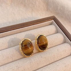Oval Серьги-гвоздики из латуни с тигровым глазом, реальный 18 k позолоченный, овальные, 21x16 мм