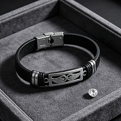 Wing 304 Pulseras de cordón de acero inoxidable y piel sintética negra para hombre, color acero inoxidable, ala, 8.27 pulgada (21 cm)
