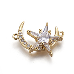 Настоящее золото 18K Латунные микро проложить кубических ссылки циркония, долговечный, без свинца, без кадмии и без никеля, Луна и звезды, прозрачные, реальный 18 k позолоченный, 14.5x21.5x5.5 мм, отверстие : 1.2 мм