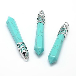 Синтетическая Бирюза Большие заостренные подвески из сплава с платиновым покрытием из синтетической бирюзы, без кадмия и без свинца, 55~67x11 мм, отверстие : 5x4 мм