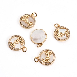Золотой Латунные микропаве прозрачные подвески с фианитом, с оболочкой и кольцами для прыжков, плоские круглые со словом "love", на день Святого Валентина, золотые, 17.5x15.5x2.5 мм, отверстие : 3.5 мм