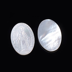 White Shell Natural White Shell Cabochons, Religion, Oval with Miraculous Medal, 16x11~11.5x2~2.5mm