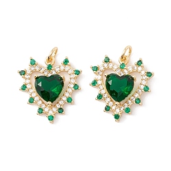 Зеленый Стойка металлическая латунная микропрофилированная кубическая циркония подвески, с прыжковых колец, долговечный, без кадмия и без свинца, сердце, реальный 18 k позолоченный, зелёные, 19x18x5 мм, отверстие : 3.2 мм