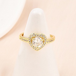 Настоящее золото 18K Регулируемые кольца для женщин с микропаве из латуни и кубическими цирконами, сердце, долговечный, стойки покрытие, реальный 18 k позолоченный, 10 мм, регулируемый