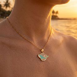 Coral Ocean 304 Stainless Steel Enamel Whale Pendant Necklaces for Women, Golden, Coral, 15.75 inch(40cm)