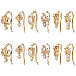 Real 18K Gold Plated 14Pcs 7 Styles Brass Micro Pave Clear Cubic Zirconia Earring Hooks, Real 18K Gold Plated, 13~18x6~8.5x8~9.5mm, Hole: 1~1.2mm, Pin: 1mm, 2pcs/style