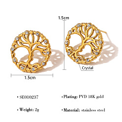 Tree of Life 304 Stainless Steel Rhinestone Stud Earrings, Golden, Tree of Life, 15mm