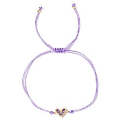 Лиловый Латунные браслеты с сердечками из кубического циркония, регулируемые плетеные браслеты из полиэфирной нити для женщин, сирень, внутренний диаметр: 11 дюйм (28 см)