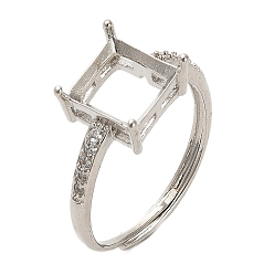 Платина Квадратные латунные микропаве прозрачные кубические цирконии регулируемые кольца компоненты, Настройки колодки кольцо, для причудливого камня, платина, лоток : 6x6 мм, внутренний диаметр: 18 мм