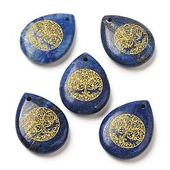 Ляпис-Лазурь Природные лазурит подвески падение, подвески-слезинки с гравированным золотым деревом жизни, 33~33.5x24.5~25x7~7.5 мм, отверстие : 2 мм