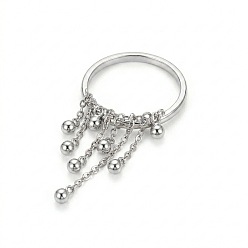 Stainless Steel Color 304 Stainless Steel Round Bead Tassel Finger Rings, Stainless Steel Color, US Size 7(17.3mm)
