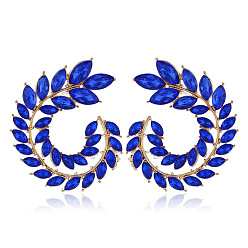 Сапфир Серьги-гвоздики с оливковыми листьями и стразами, позолоченные ювелирные изделия из сплава для женщин, сапфир, 41x34 мм