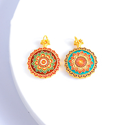 Разноцветный Латуни кулон, с эмалью, плоский круг с рисунком мандалы, золотые, красочный, 33.5x27 мм, отверстие : 5 мм