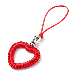 Red Heart Braided Nylon Cord Mobile Accessories, Phone Hanging Pendant Decor, with Alloy Skull Beads, European Brass Beads & Iron Findings, Red, 11cm